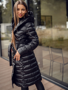 Fekete női hosszú steppelt téli kabát kapucnival Bolf 5M3159