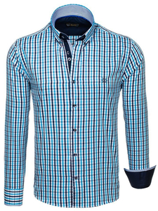 Férfi vichy kockás hosszú ujjú férfi ing türkiz színben Bolf 4712