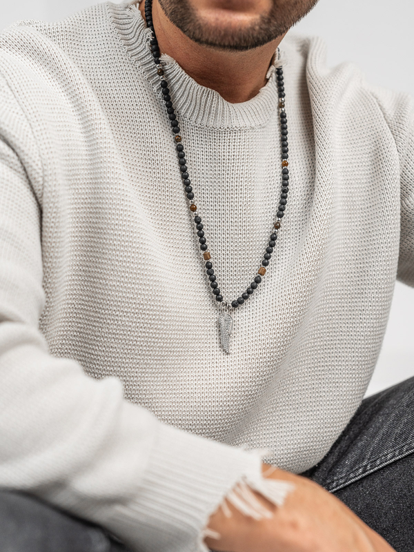 Fekete férfi nyaklánc gyöngyökkel zsinóron medállal Bolf TT5503