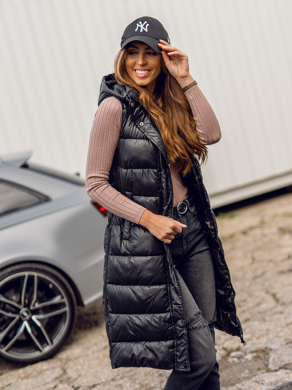 Fekete színű hosszú steppelt női mellény Bolf B8021