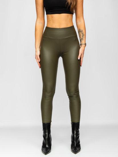 Bőr hatású női leggings khaki színben Bolf YY83NM