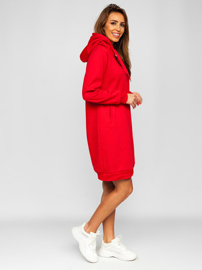Hosszú női pulcsi kapucnival piros színben Bolf YS10005